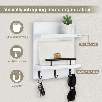 Key Holder Wall Mount, Mail Shelf Decor with 3 Key Hooks, Versatile Wood Wall Organizer for Entryway Hallway (8.2” x 10.6”x 3.6”) (White) | Farmhouse Key Hanger Holds Dog Leash, Sunglasses – Decorative Mail Organizer Home Decor