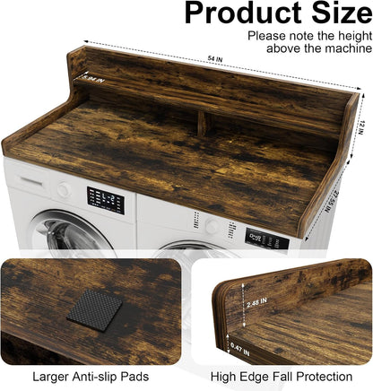 Washer Dryer Countertop, 54" x 27.55" 2-Tier Washer Dryer Topper with Edge, for Laundry Room Organization Oak