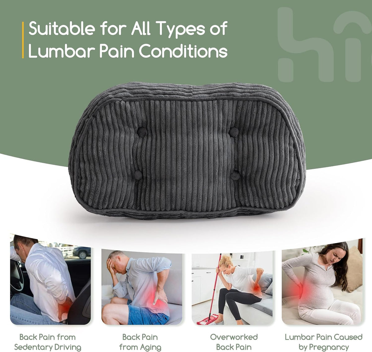 HIGOGOGO Lumbar Support Pillow for Recliner Chair/Accent Chair/Couch/Office Chair, Tufted Corduroy Back Support Cushion for Elderly, Recliner Cushions for Back Rest, Pain Relief, Reading, Dark Grey