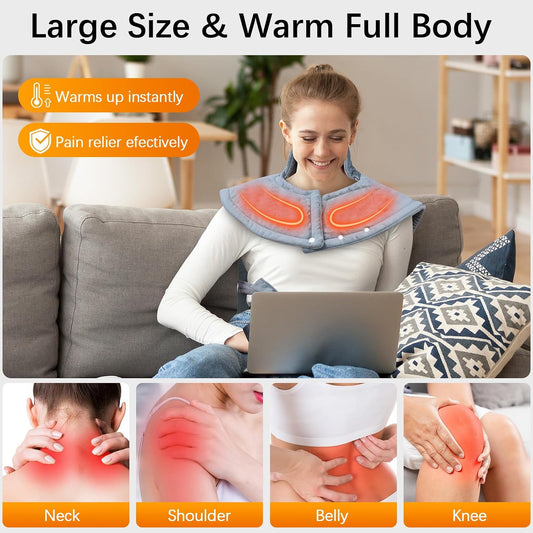 Electric Heated Shawl with Remote Control - 10 Heat Levels, 45/90/120 Minute Timer, 120W Warmth, 60X84CM Grey Flannel, Neck and Back Heating Pads, Detachable Cord, Washable