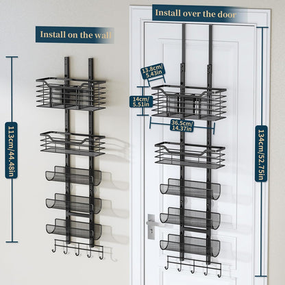 Consumest 6-Tier Hair Tool Organizer - Hair Dryer Holder Over The Door/Wall Mounted DIY Adjustable Shelf Bathroom Door Organizer with Hook for Curling Iron/Blow Dryer/Straightener Black