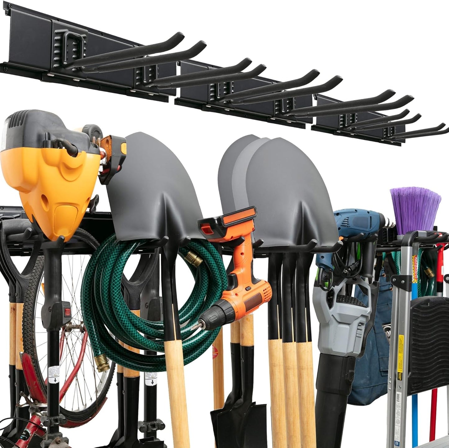 Garage Tool Organizer Wall Mount, 64", 4 Racks 8 Hooks, 400 lbs | 400 lbs, anti-rust carbon steel, garden tool organizer & storage rack for garage organization, shovels, rakes & tools