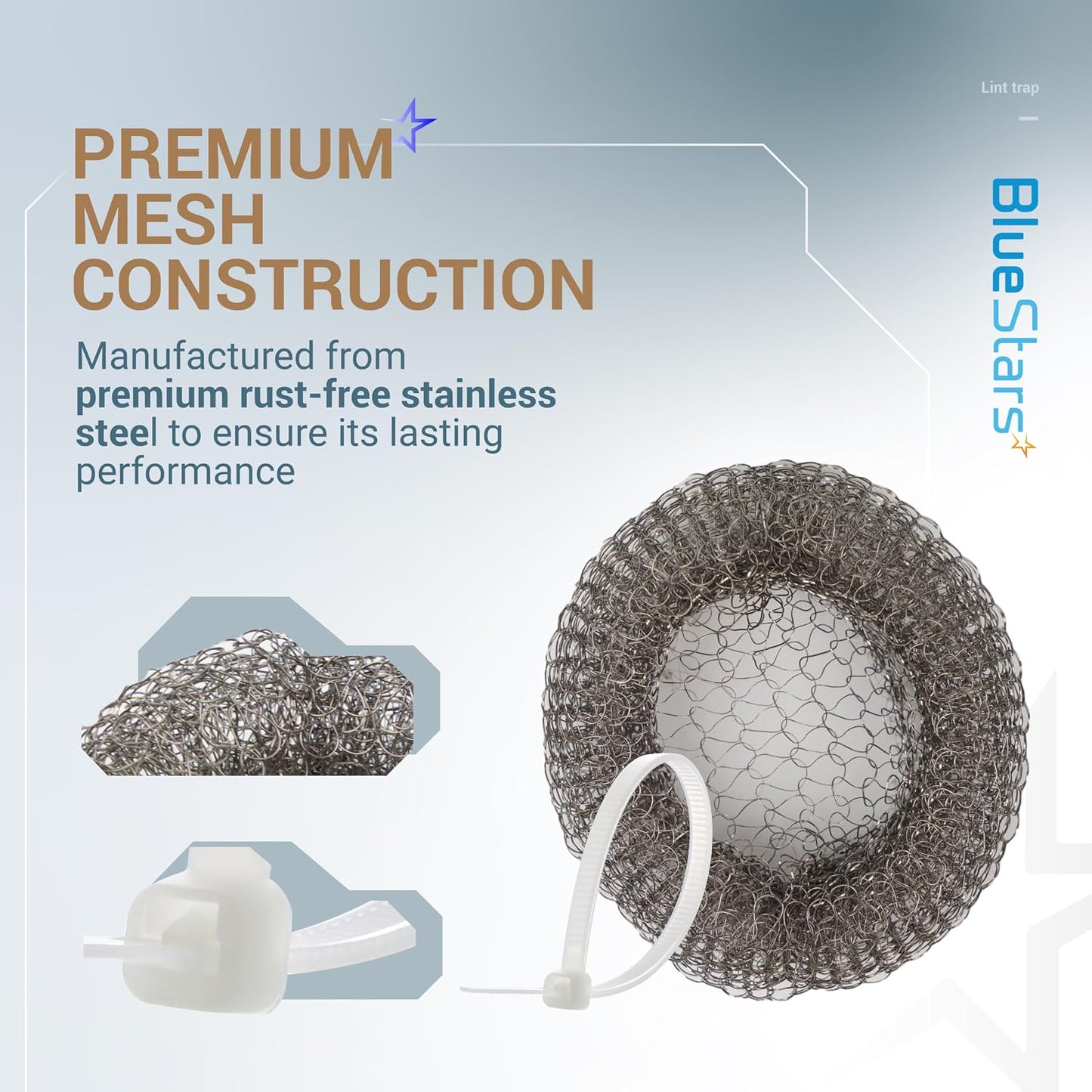 BlueStars 24-Pack Washing Machine Lint Traps with 24 Cable Ties | Rustproof Stainless Steel Mesh Captures Lint & Debris to Help Prevent Sink Drain Clogs and Costly Plumbing Repairs
