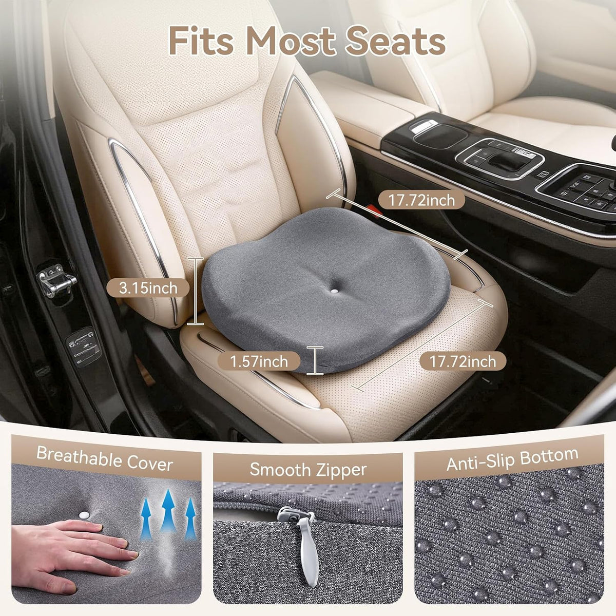 Memory Foam Seat Cushion with Pressure Relief for Office Chair, Car, Wheelchair, and Sofa, Doctor Recommended Orthopedic Cushion for Tailbone Pain, Sciatica, Hip Back Support, Non Slip, Grey