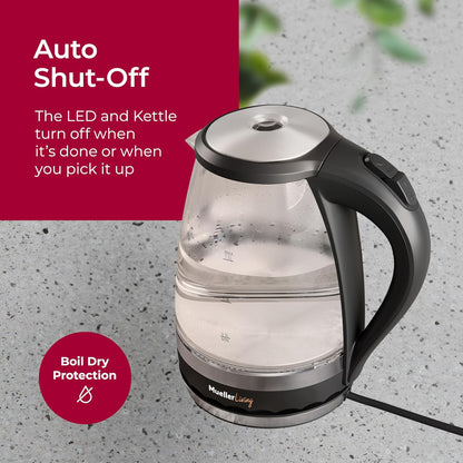 Mueller Living 1.8L Electric Kettle, Tea Kettle for Boiling Water | 1.8L | 1500W | LED | SpeedBoil | Automatic Shutoff | Cordless | Borosilicate Glass | BPA Free