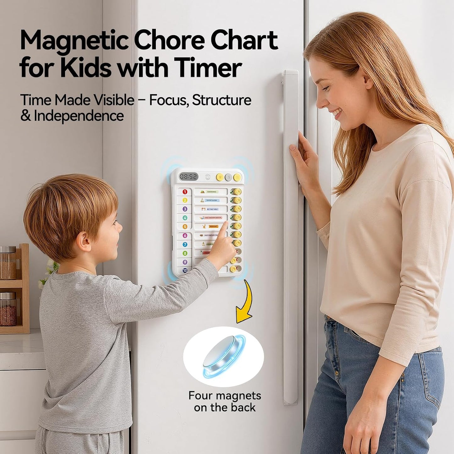 Chore Chart for Kids with Timer, 21 PCS Checklist Magnetic Schedule Board, ADHD Tools with 99-Min Countup/Down Visual Timer, Bedtime/Morning/Daily Routine Chart Dry Erase to Do List with Slider(White)