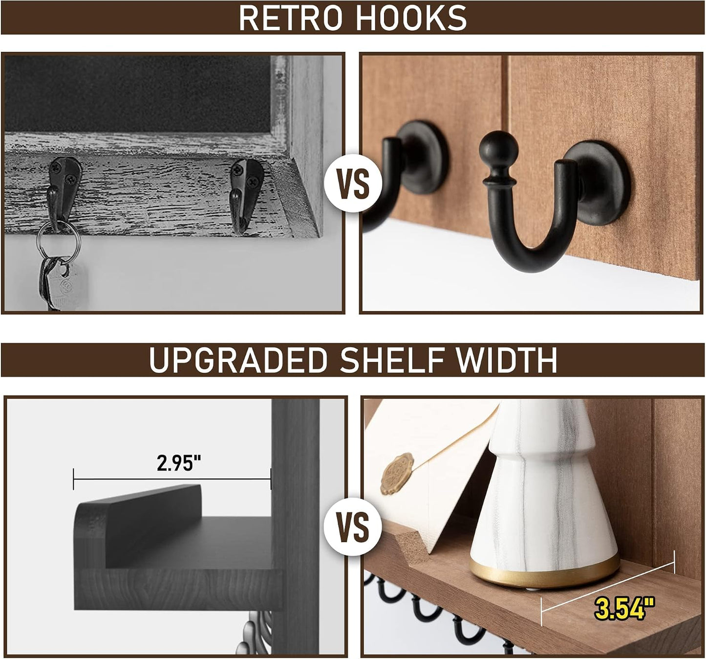 Rebee Vision Key Holder Wall Mount with 5 Key Hooks for Home Decor, Brown | 3.54'' x 10'' x 7.28'', Small Shelf for Display Plant, Key Hangers for Hat, Entryway Space-Saving Storage