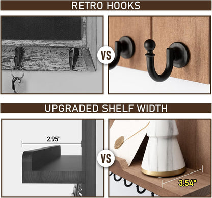 Rebee Vision Key Holder Wall Mount with 5 Key Hooks for Home Decor, Brown | 3.54'' x 10'' x 7.28'', Small Shelf for Display Plant, Key Hangers for Hat, Entryway Space-Saving Storage