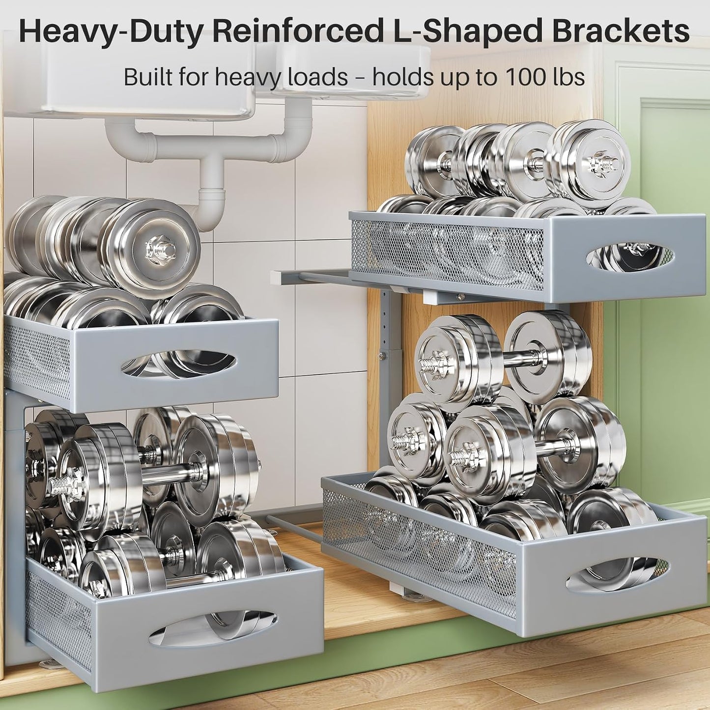 Under Sink Organizer, 2 Tier Pull out Cabinet Organizer Baskets with Mesh Sliding Drawers, Slide out Storage Shelf for Home, Kitchen, Bathroom, Pantry, Office Cabinet, Countertop(1 Pack)