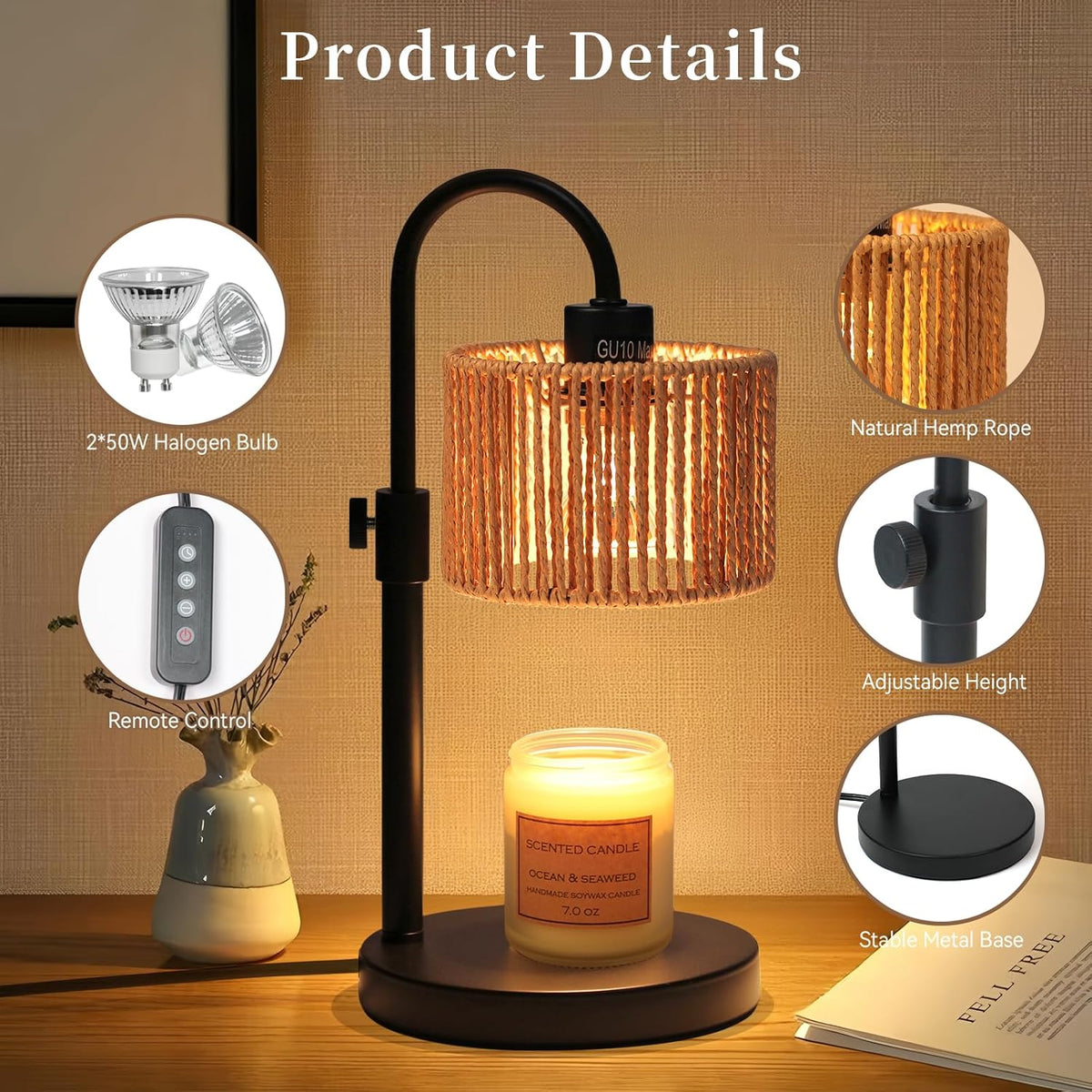 FINCMY Candle Warmer Lamp with Timer, Adjustable Height Candle Wax Warmer Candle Lamp Warmer for Jar Candles, Home Decor House Warming Gifts Compatible with Various Candles (Linen)