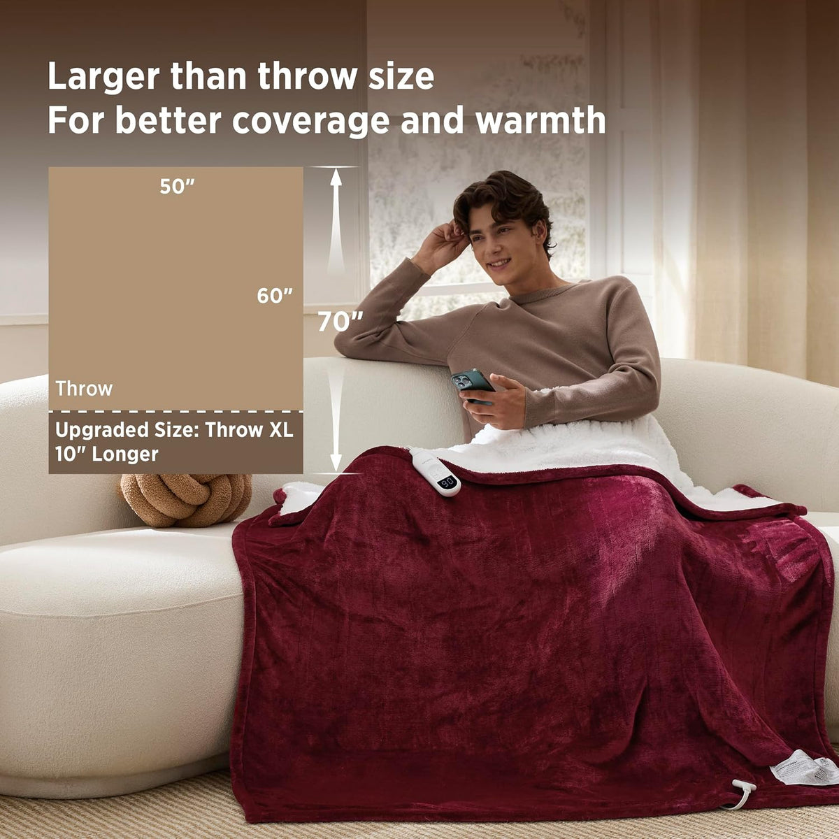 Bedsure Heated Blanket Throw, Soft Electric Blanket with Preheat, Cream