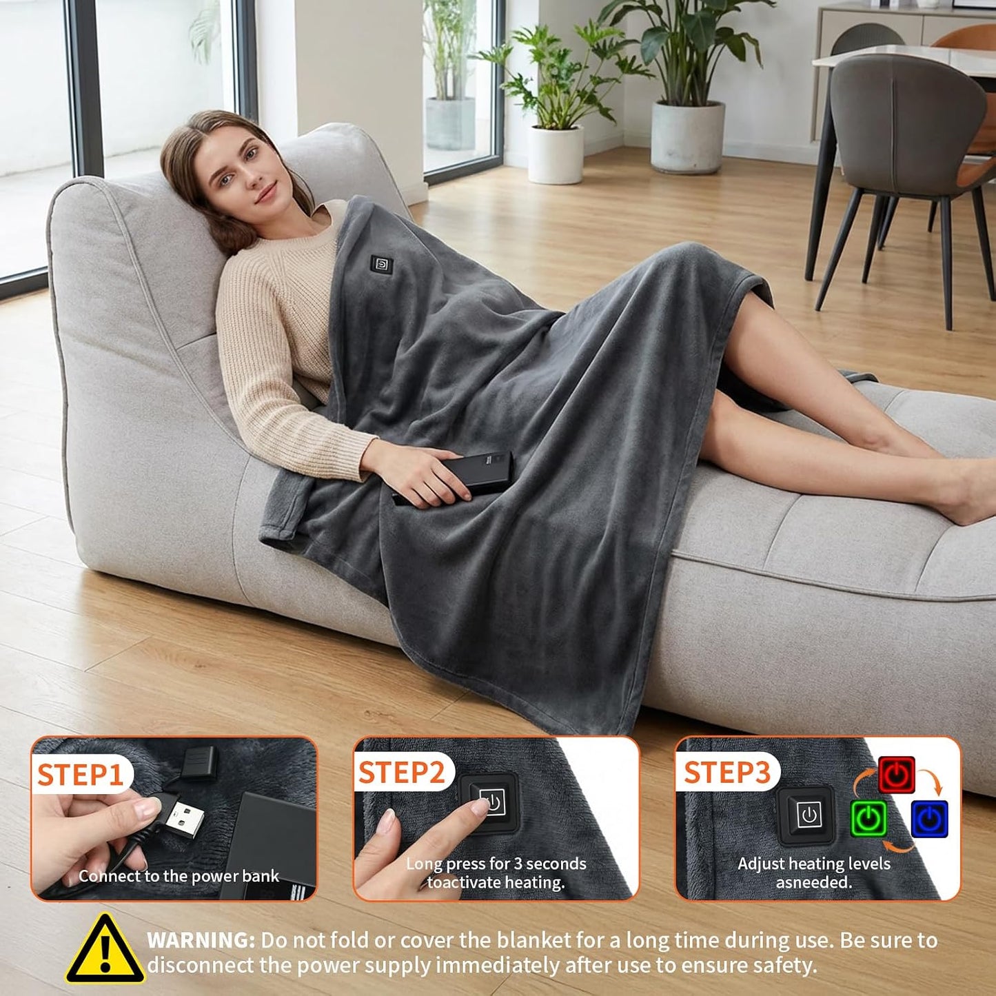 Cordless Heated Blanket, Machine Washable with Laundry Bag, 20000mAh Battery Powered Heating Throw with Power Bank, 3 Heating Levels, 59"x31.5" Portable Electric Blanket (Grey)