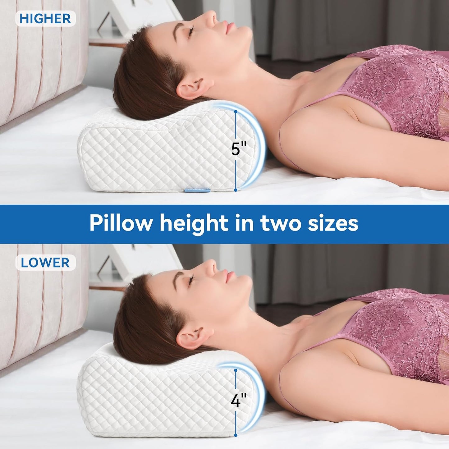 Contour Memory Foam Cervical Pillow for Neck Pain Relief, White | Orthopedic neck support | Standard size | side/back/stomach sleep | cervical alignment | two height choices | washable cover