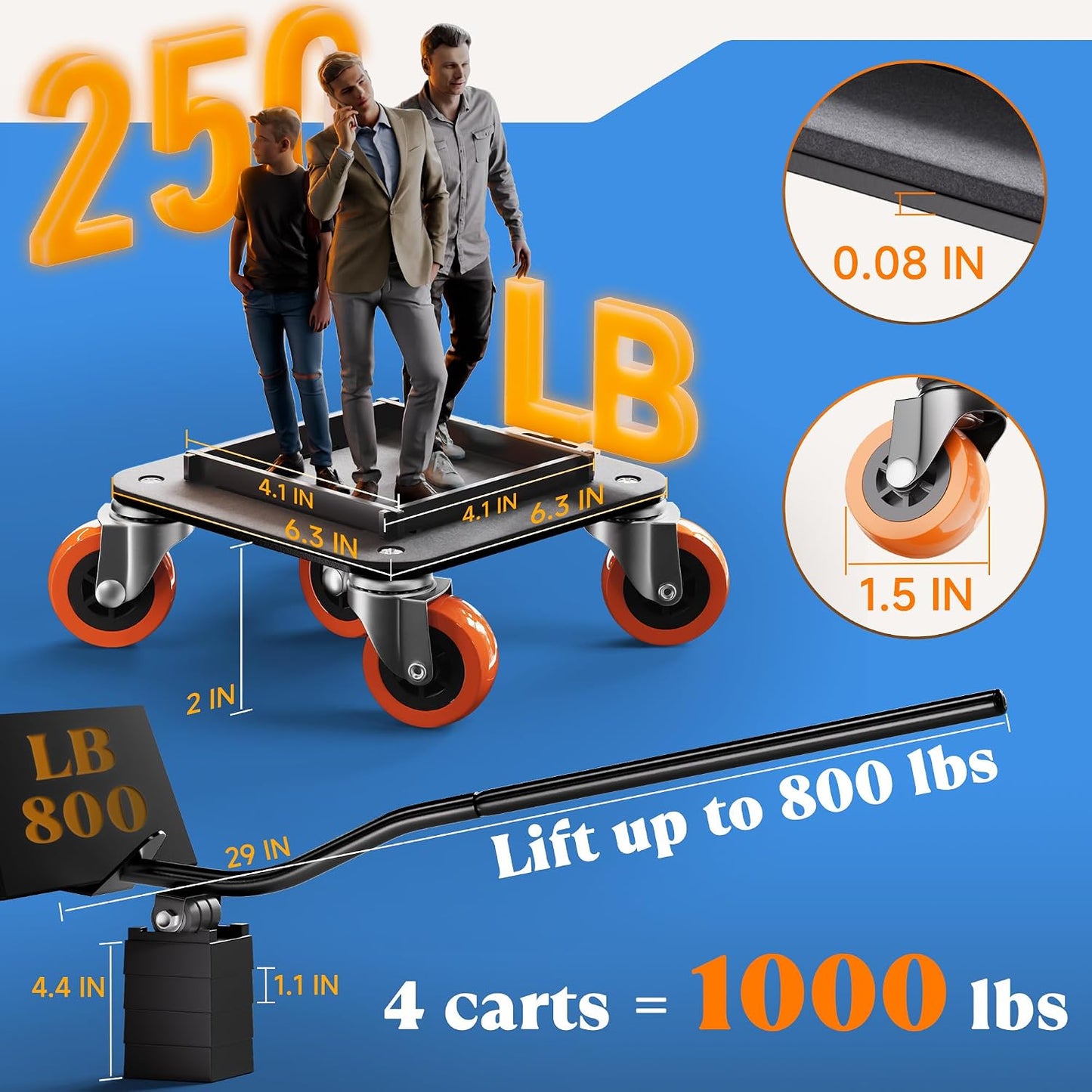 Furniture Movers with Wheels, Upgraded Guardrails for No Slips, Heavy Duty Furniture Dolly, Furniture Sliders with Wheels, Furniture Lifter Tool Included (Orange, 6.3" × 6.3" Pro)