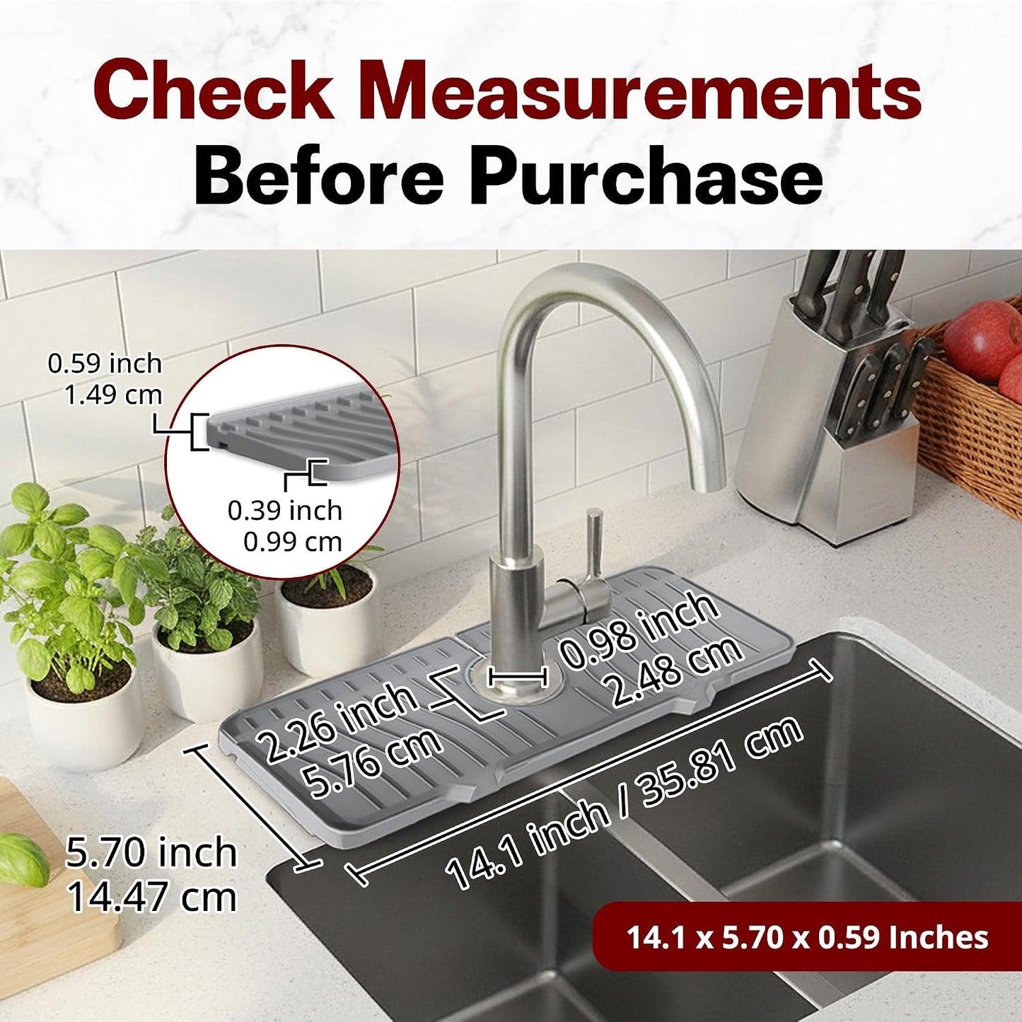 ODRAGO Silicone Kitchen Sink Splash Guard - 24.01 Inch Faucet Mat for Kitchen Sink Water - Longer Faucet Handle Drip Catcher Tray-Sink Guard for Kitchen Sink (Grey)