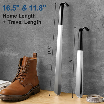 2 Pack Metal Shoe Horn, 16.5" Long Handle for Home + 11.8" Portable Travel Size, Premium Stainless Steel Shoehorn, Non-Slip Grip Shoe Helper for Boots Seniors