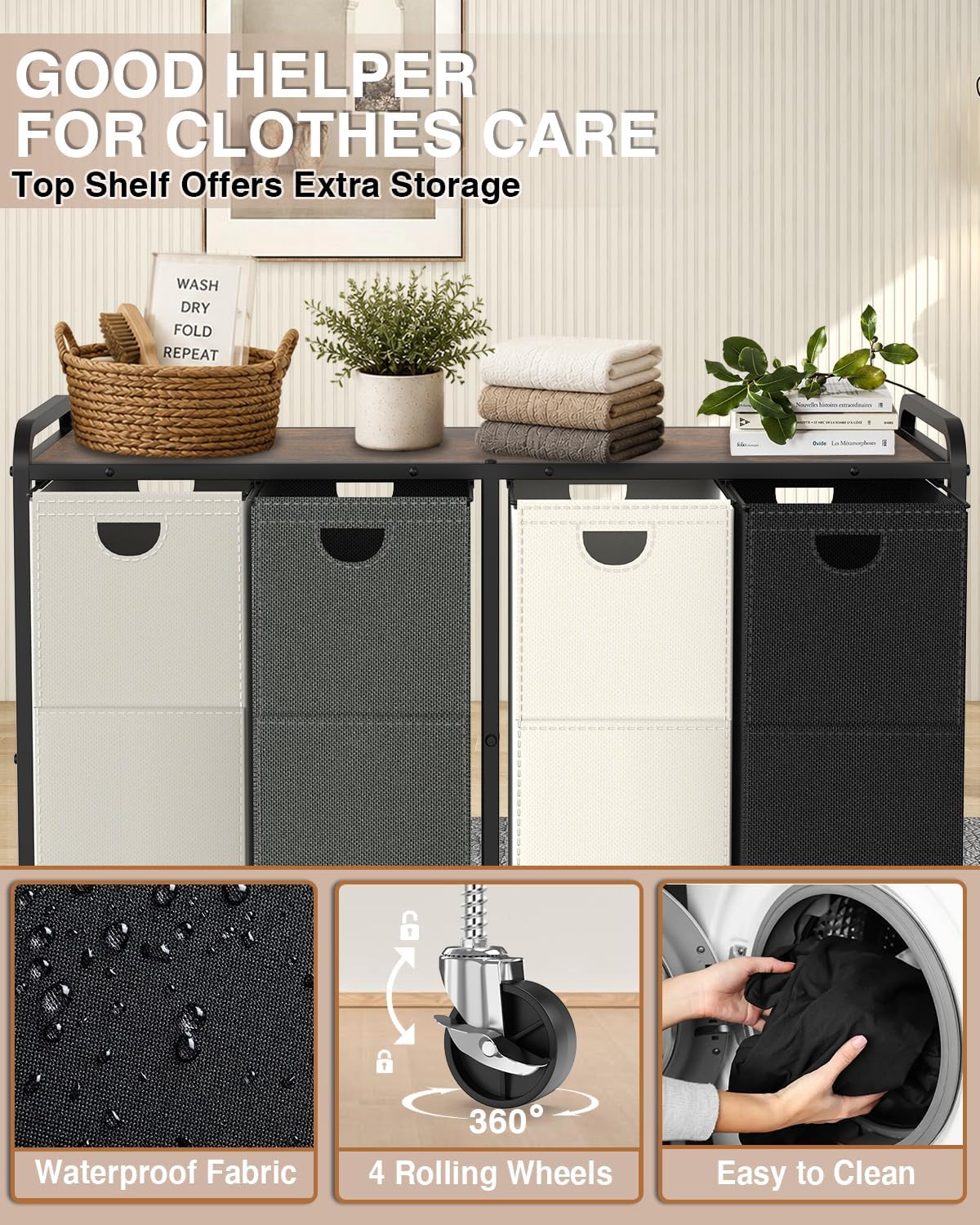 Laundry Sorter 3 Section,Laundry Basket with Wheels,3×15.8 Gal (60L) | Laundry Room Organization with Wooden Desktop Shelf,Pull-Out and Removable 900D Oxford Fabric Laundry Bags for Laundry Room
