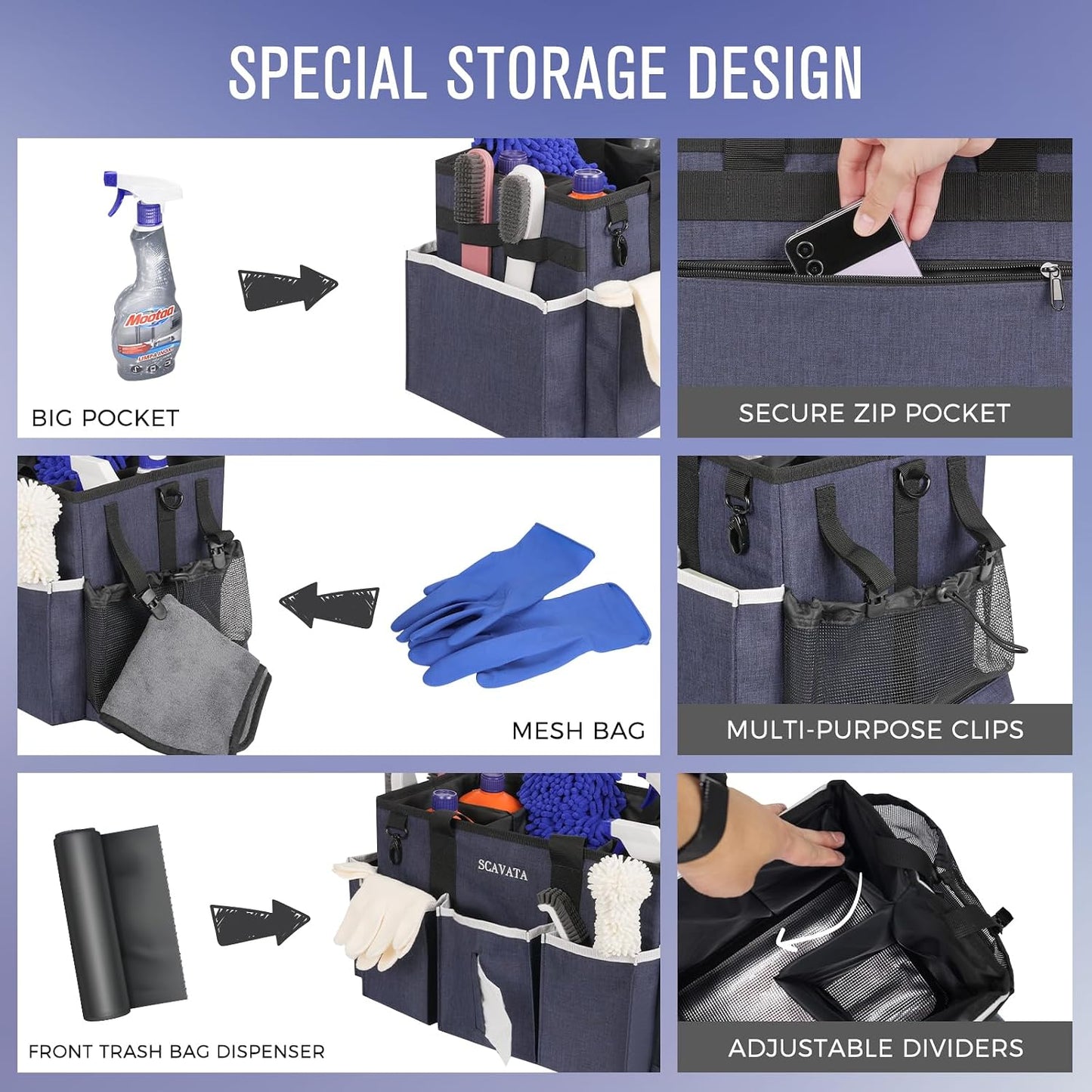 SCAVATA Wearable Cleaning Caddy Bag, Cleaning Caddy Supplies Organizer with Handle & Shoulder Straps for Housekeepers, Under Sink & Car Cleaning Tool Organizers with 4 Foldable Divider (Lake Blue)