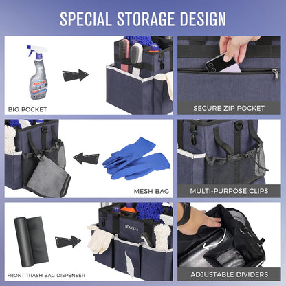 SCAVATA Wearable Cleaning Caddy Bag, Cleaning Caddy Supplies Organizer with Handle & Shoulder Straps for Housekeepers, Under Sink & Car Cleaning Tool Organizers with 4 Foldable Divider (Lake Blue)