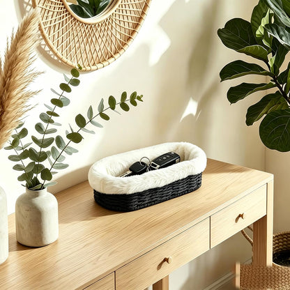 Glasses Holder, Paper Rope Plush Lined Eyeglass Holder Stand, Jewelry Key Tray Storage Organizer for Nightstand, Desk
