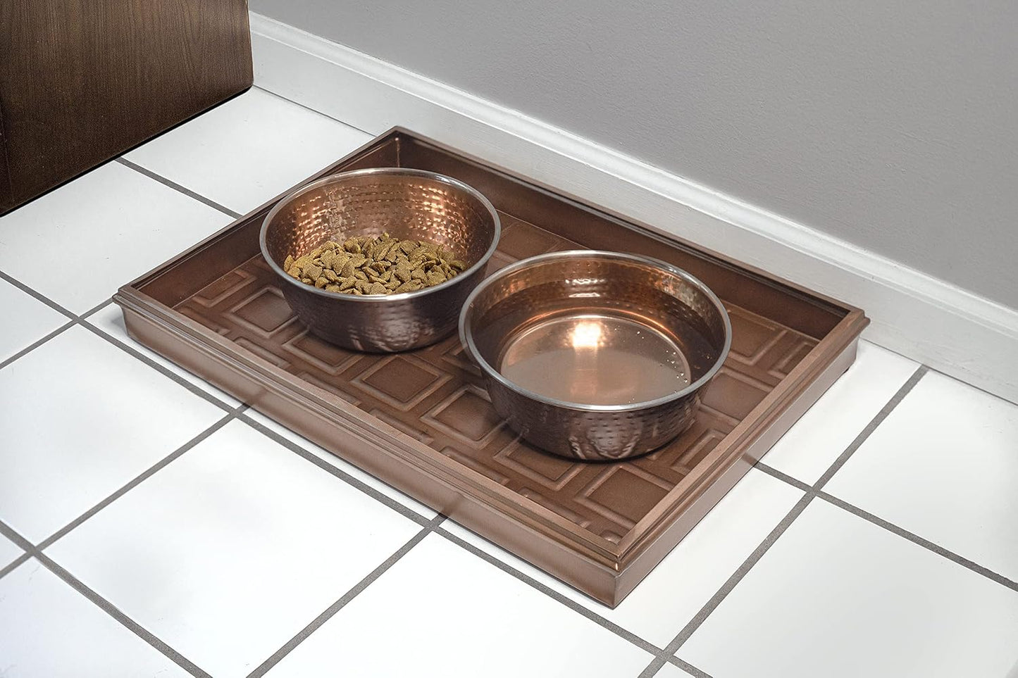 Good Directions 20″ x 14″ Decorative Squares Design Metal Boot Tray – Galvanized Steel with Copper Finish, Multi-Purpose Shoe, Plant & Pet Bowl Tray