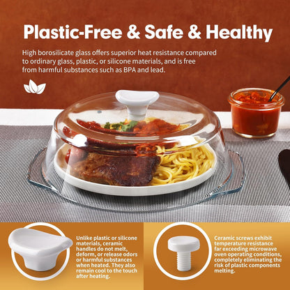 [Plastic-free] Glass Microwave Cover for Food with Ceramic Handle & Screw | BPA-Free Microwave Plate Cover with Steam Vent, Food-Grade, Dishwasher Safe, Fits Most Plates