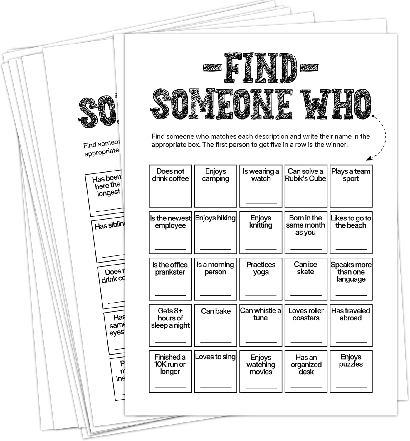 Find Someone Who Bingo Cards, 25 Unique Randomized 5x7 Sheets, Get to Know You Bingo Game for Adults, Ice Breaker Office Party Games, Team Building Games for Work, High Replay Value - A05