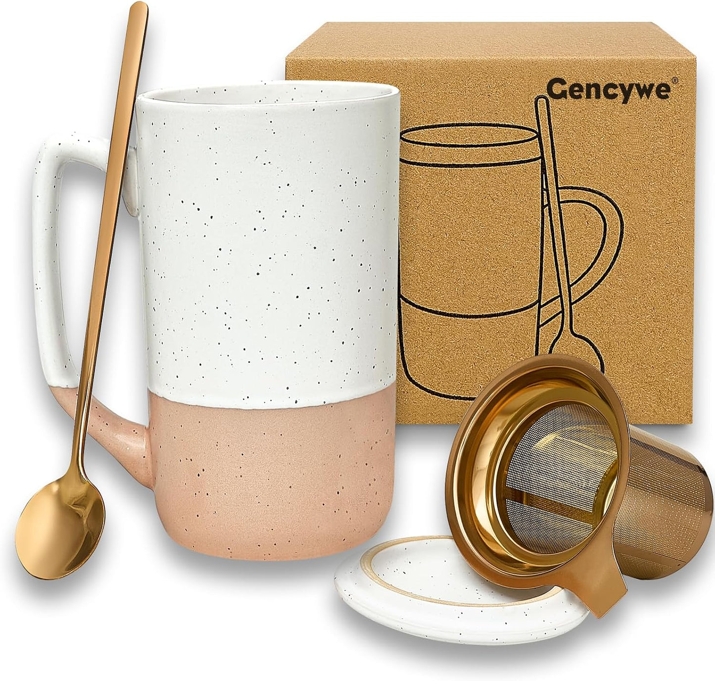 Gencywe Ceramics Large Tea Cup with Loose Leaf Infuser, Spoon and Lid, 16 oz Tall Coffee Mug, Microwave and Dishwasher Safe, Rustic Matte Ceramic Glaze, Tea Strainer, Amber