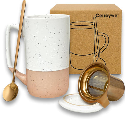 Gencywe Ceramics Large Tea Cup with Loose Leaf Infuser, Spoon and Lid, 16 oz Tall Coffee Mug, Microwave and Dishwasher Safe, Rustic Matte Ceramic Glaze, Tea Strainer, Amber
