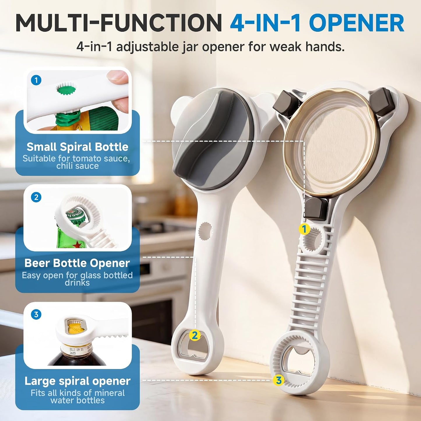 2026 Upgraded 4-in-1 Jar Opener - Adjustable Stainless Steel Lid Remover for Seniors & Arthritis Sufferers, Fits Kitchen Jars, Bottles & Cans Blue