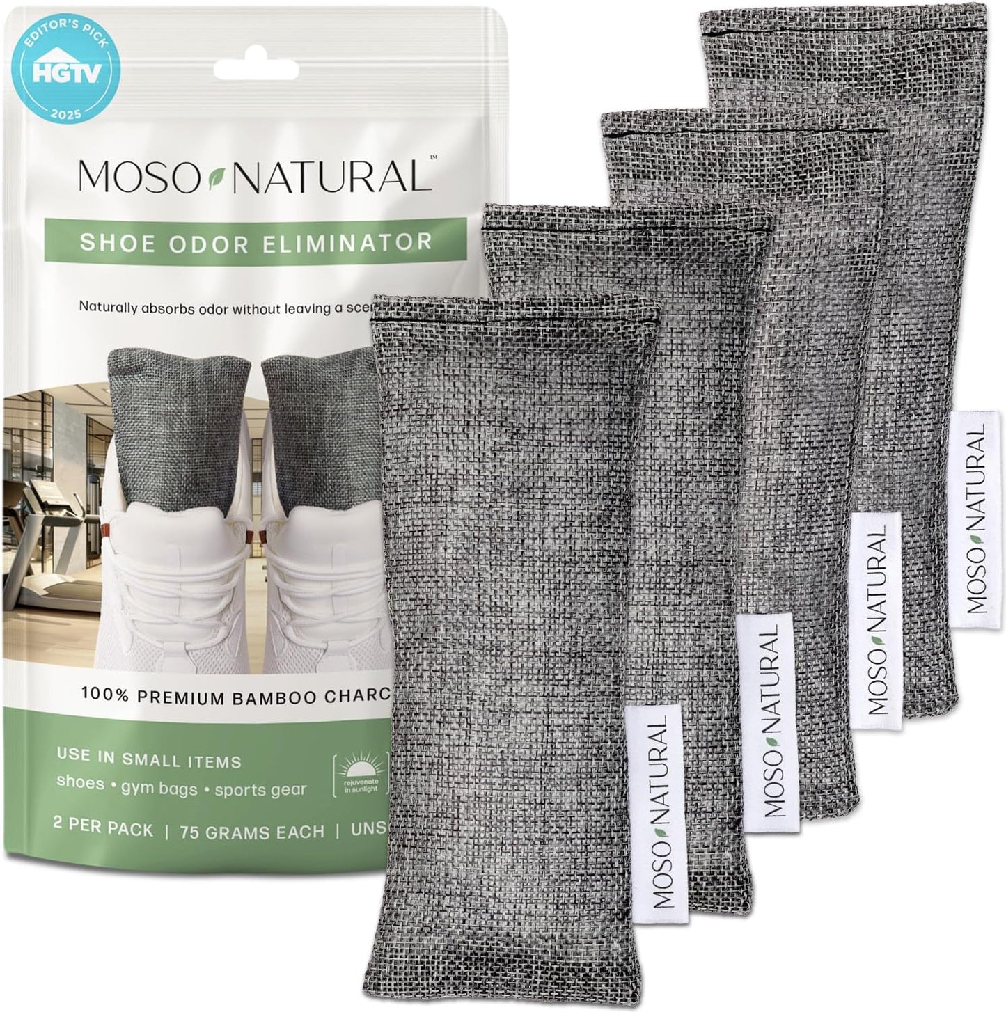 Moso Natural Shoe Deodorizer Inserts, Charcoal Odor Absorber for Shoes, Gym Bag & Boot Deodorizer, Unscented Shoe Odor Elimination, Air Purifying Bags, Lasts 2 Years (2 Bags)