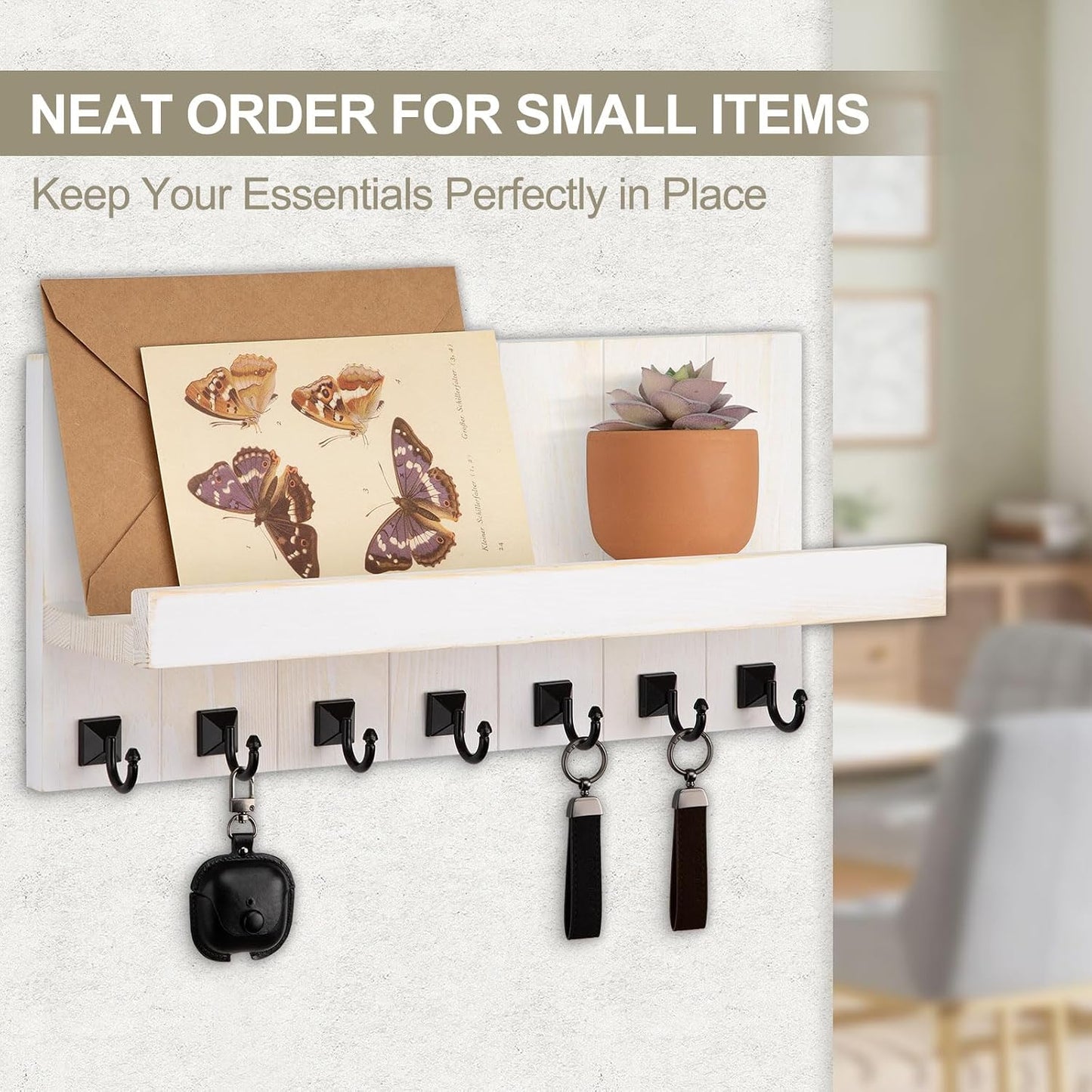 Key Holder for Wall, Decorative Key Holder with Shelf | Key and Mail Holder Wall Mount, Farmhouse Decor with 5 Key Hooks for Keys, Coats, ect.