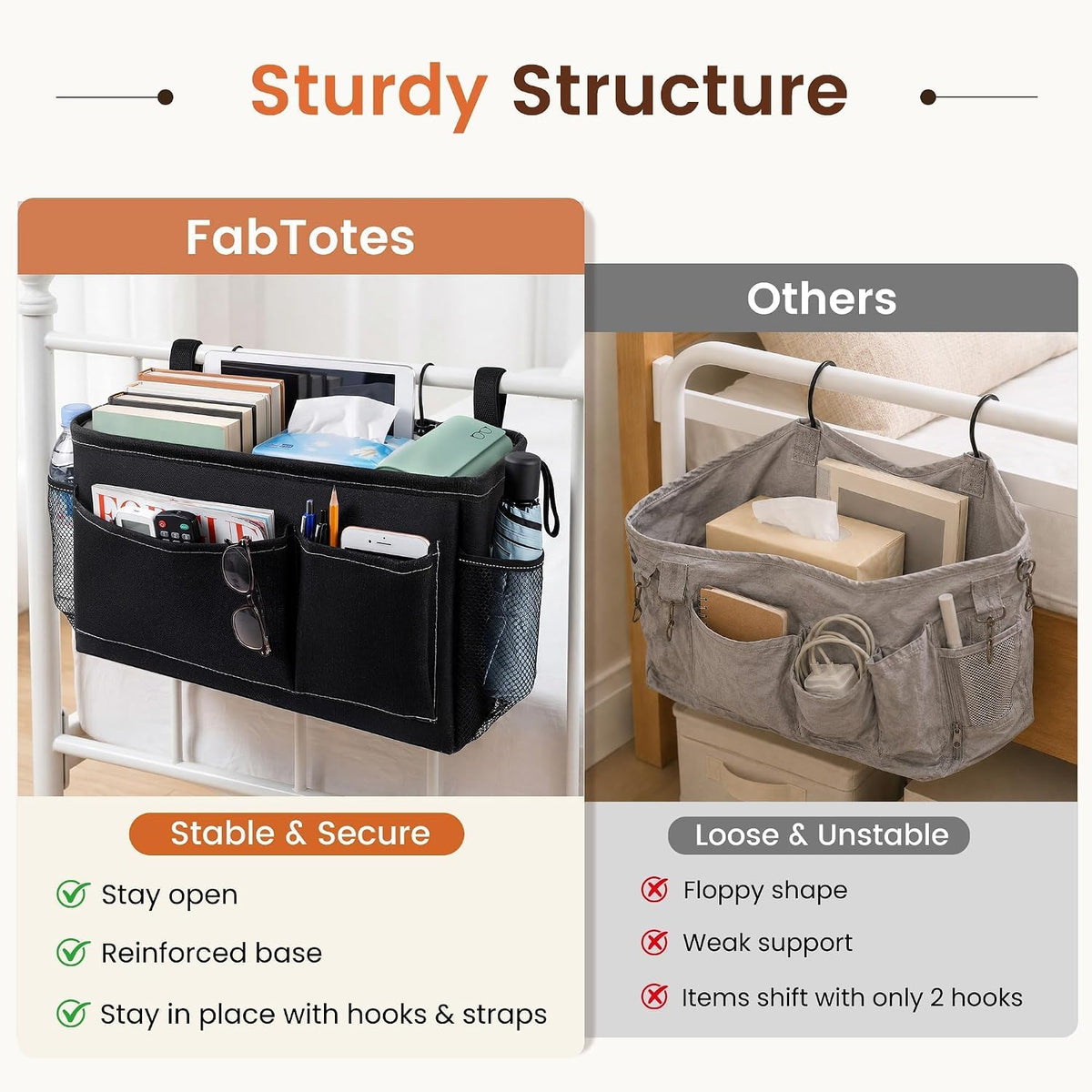 Fab totes Bedside Caddy for Dorm Bed, Bedside Storage Bag Hanging Organizer
