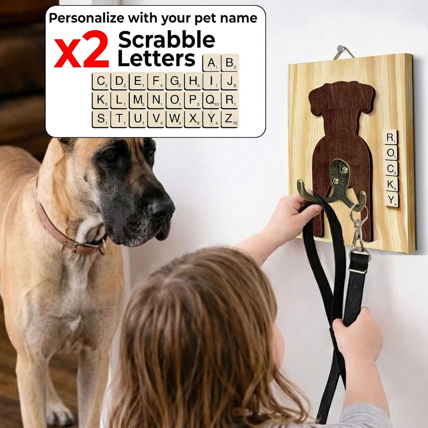 Dog Leash Holder Wall Mount, Pet Harness Hanger with Scrabble Letters, Dog Collar Organizer for Entryway, Memorial Cat Leash Holder for Wall, Pet Loss Gifts, Keepsake, Home Decor PF212-NAT