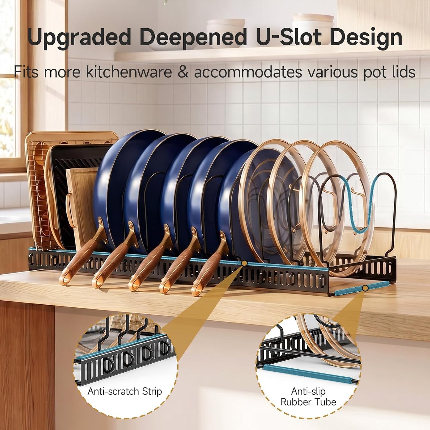 MUDEELA Pot Lid Organizer for Cabinet, Adjustable Baking Pan Rack 7 Slots | 7 Adjustable Divider, Tool-Free Assembly,Non-Slip, Scratch-Proof, Sturdy Metal Frame, For Pan Lid Cutting Board Bakeware