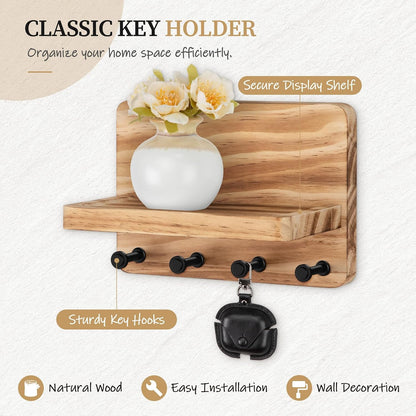 Nekon Key Holder for Wall with Shelf, Pine Wooden Key Hanger, Black | Small Wall Mounted Key Holder with 4 Hooks, Farmhouse Wall Organizer for Home Entryway & Apartment