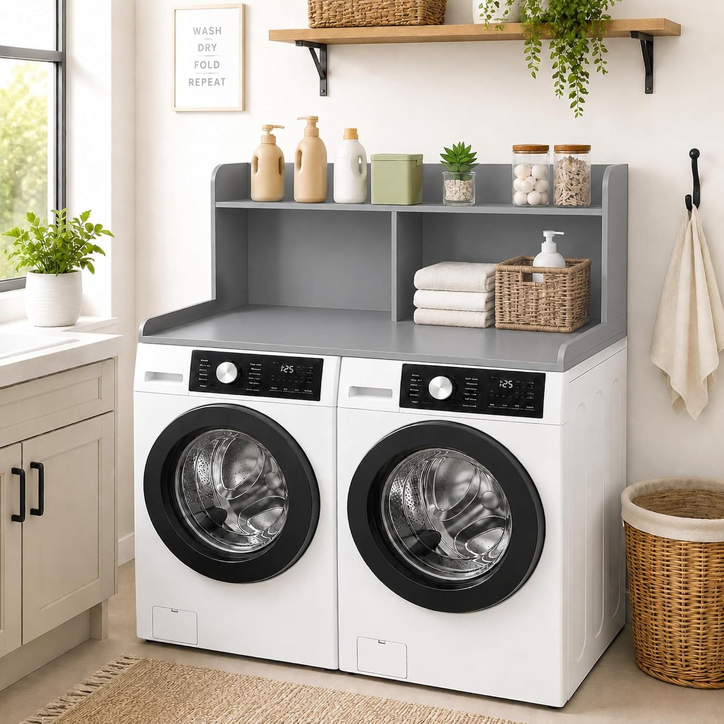 Royxen Washer Dryer Countertop with Extra Tall Shelf, 19" Height Washer and Dryer Topper, Laundry Countertop with Non-Slip Pads, Universal Fit for Laundry Room Organization, Walnut