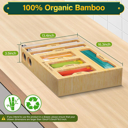KOCWELL Bag Organizer and Plastic Wrap Dispenser with Cutter, 6 In 1 Bamboo Foil and Plastic Wrap Organizer for Kitchen Drawer, Food Storage Bag Organizer for Gallon,Quart,Sandwich,Snack(Yellow)