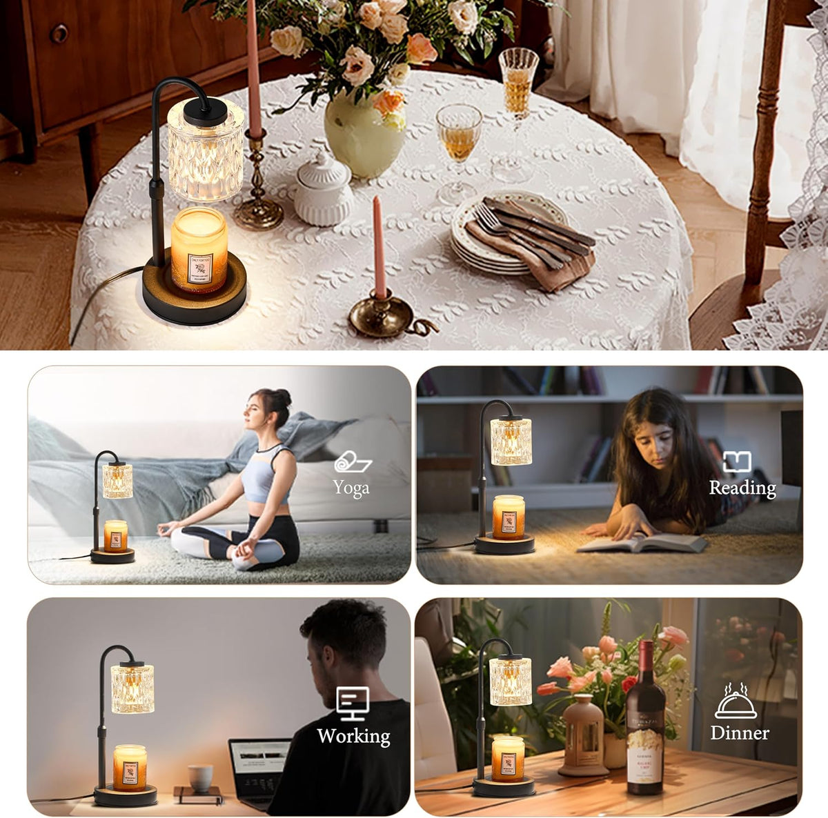 CASTLELIFE Dimmable Candle Warmer Lamp with Timer, Height Adjustable Candle Warmer for Jar Candles, Electric Wax Melt Warmer for Home Decor House Warming Gifts, Birthday Gifts for Women, Black Clear
