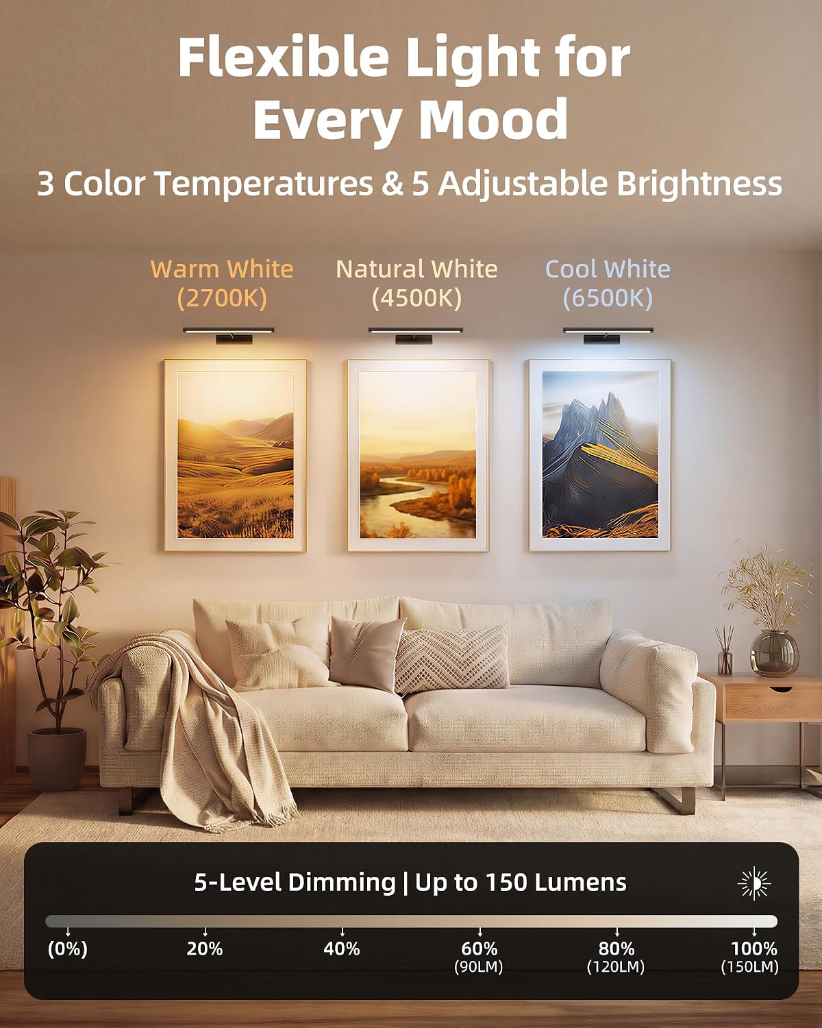 EZVALO Picture Light for Wall, 4800mAh Rechargeable Wireless Gold Light with IR Remote, Dimmable Magnetic LED Art Display Light with 3 Color Temperatures, for Gallery, Living Room, Bedroom(2Pack)