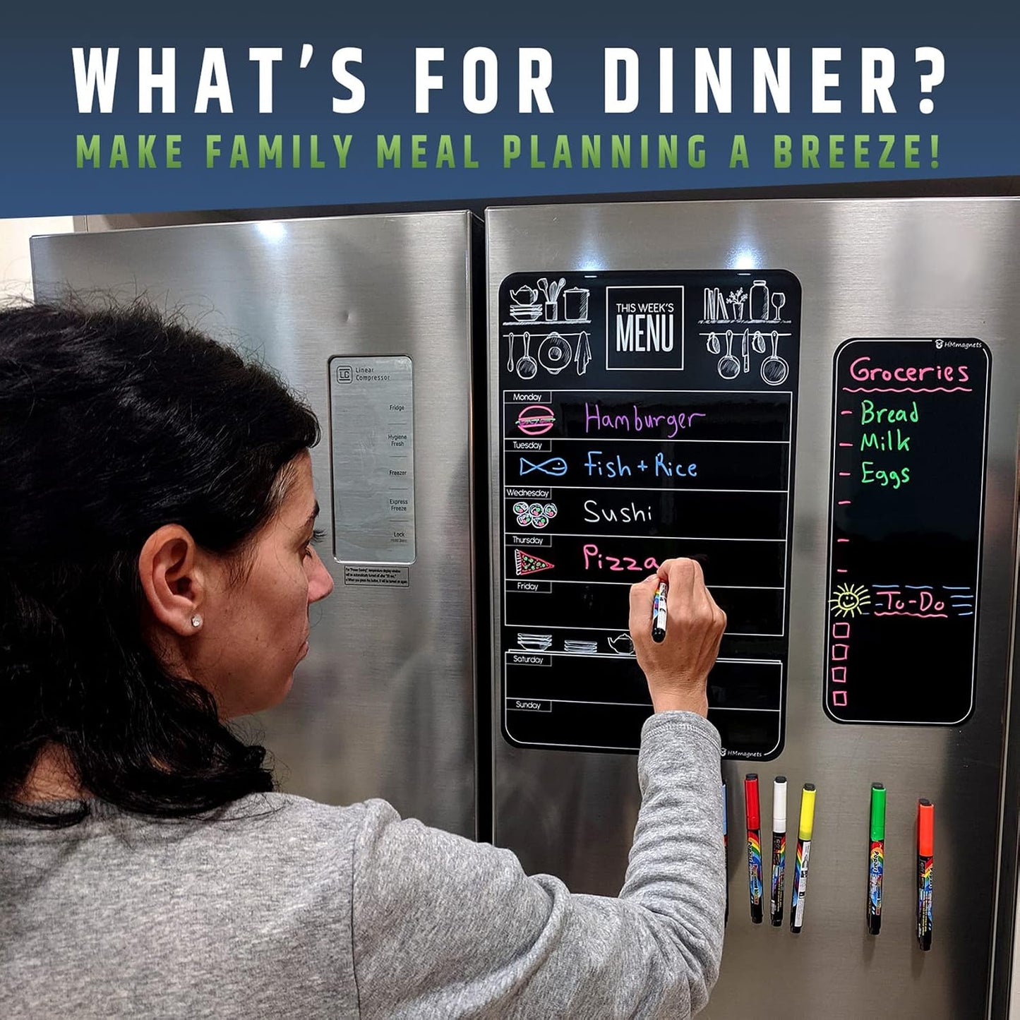 Cute 10"x16" Magnetic Dry-Erase Weekly Menu Blackboard for Kitchen Fridge (with 8 Bright Chalk Markers) & Free Bonus - Grocery/to-Do Lists Board - Daily Dinner Meal Planner Set for Home