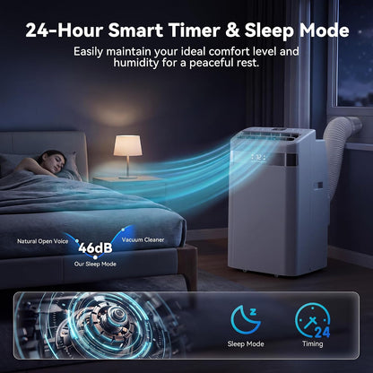 14000BTU Portable Air Conditioner, 4-in-1 700 Sq. Ft, Quiet for room | 14000BTU AC cools 700sq.ft, 4-in-1 cool/fan/dry/sleep, quiet, LED, remote, 24H timer, kit, for bed/office/dorm.
