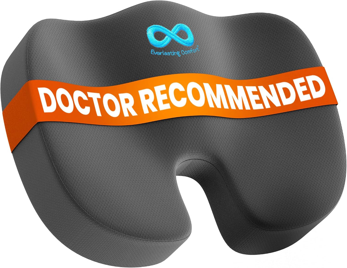 Everlasting Comfort Doctor Recommended Memory Foam Seat Cushion for Office Chairs & Car - Ergonomic Office Desk Accessories - Cushions for Tailbone Pain Relief, Sciatica (Black, Large)