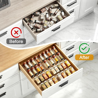 16 Pack Acrylic Drawer Seasoning Organizer, Expandable From 11''-22'' | Tiered Clear Spice Tray, Adjustable In Drawer Spice Organizer for Spices, Condiment, Nail Polish and Jar Organization