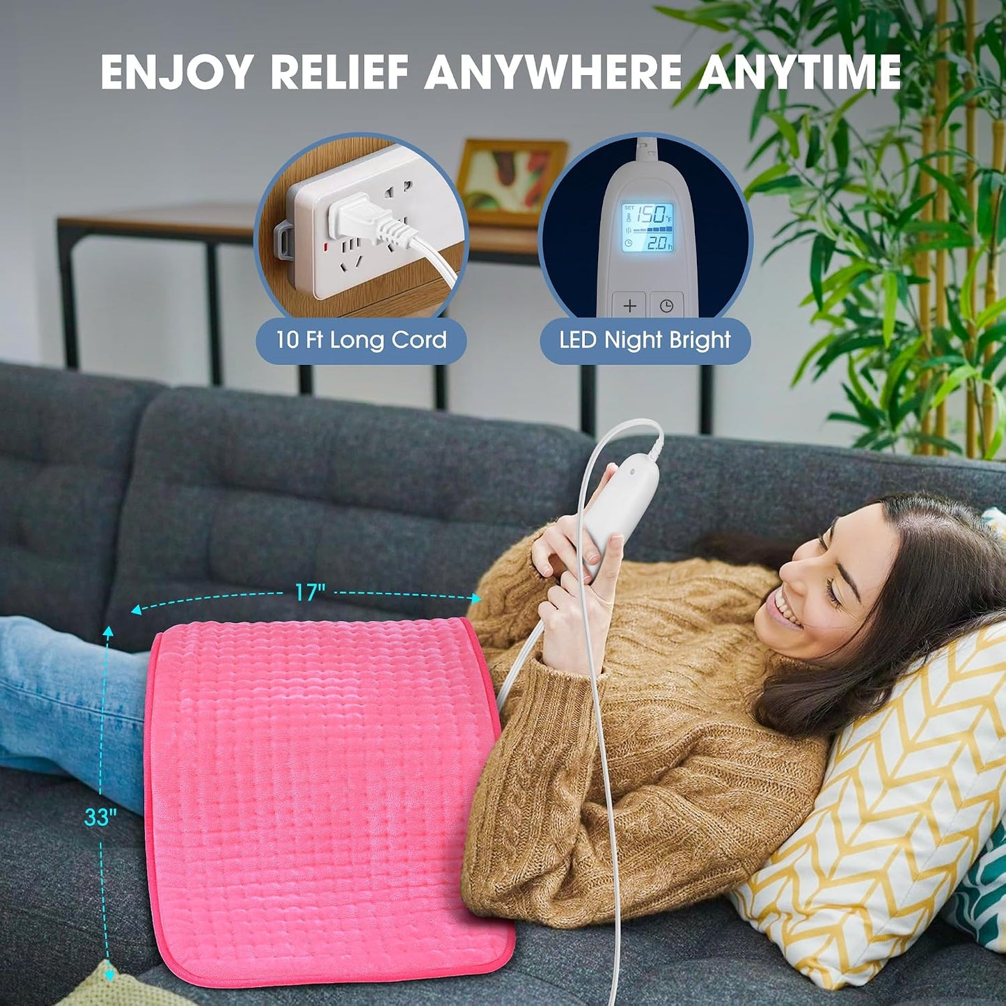 FluffyWarmth Electric Heating Pad for Back, Extra Large 17"x33", Ultra Soft | XXXL for Full Body, Period Cramps, Neck Shoulder Back Pain Relief, 6 Heat Settings 4 Timers Heating Pad, Gifts for Women Men