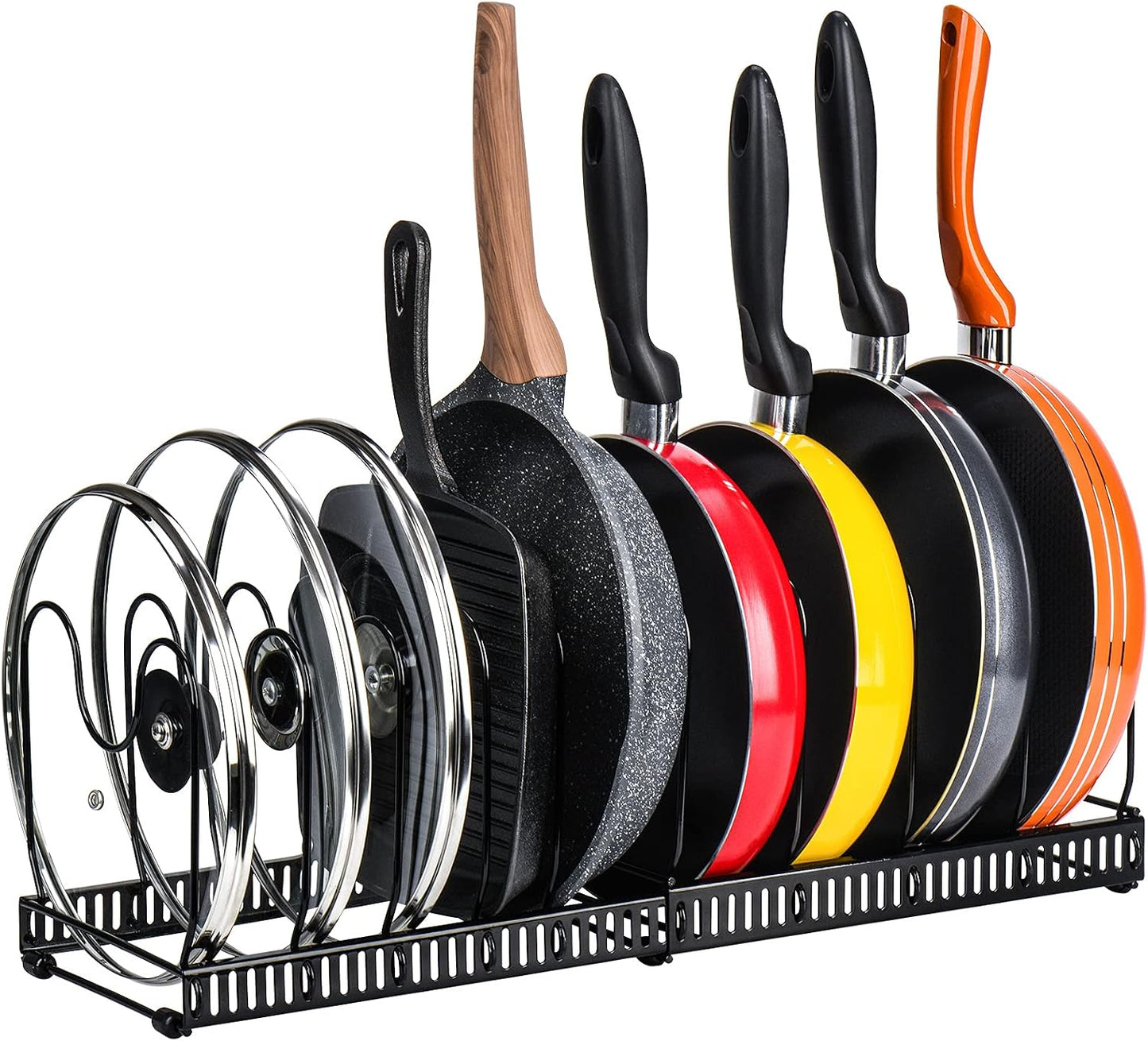 Toplife Pot Lids Organizer Rack for Cabinet and Countertop, 7+ Pan Lids and Bakeware Organizer Rack Holder with 7 Adjustable Compartments - Black