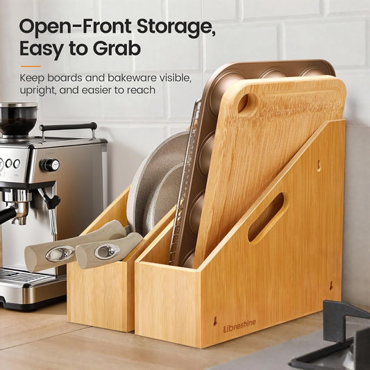 Slim Bamboo Cutting Board Holder & Baking Sheet Organizer | Open-front design keeps small to medium boards and bakeware upright; size: 12.6 x 4.9 x 10.5 in. Measure before purchase
