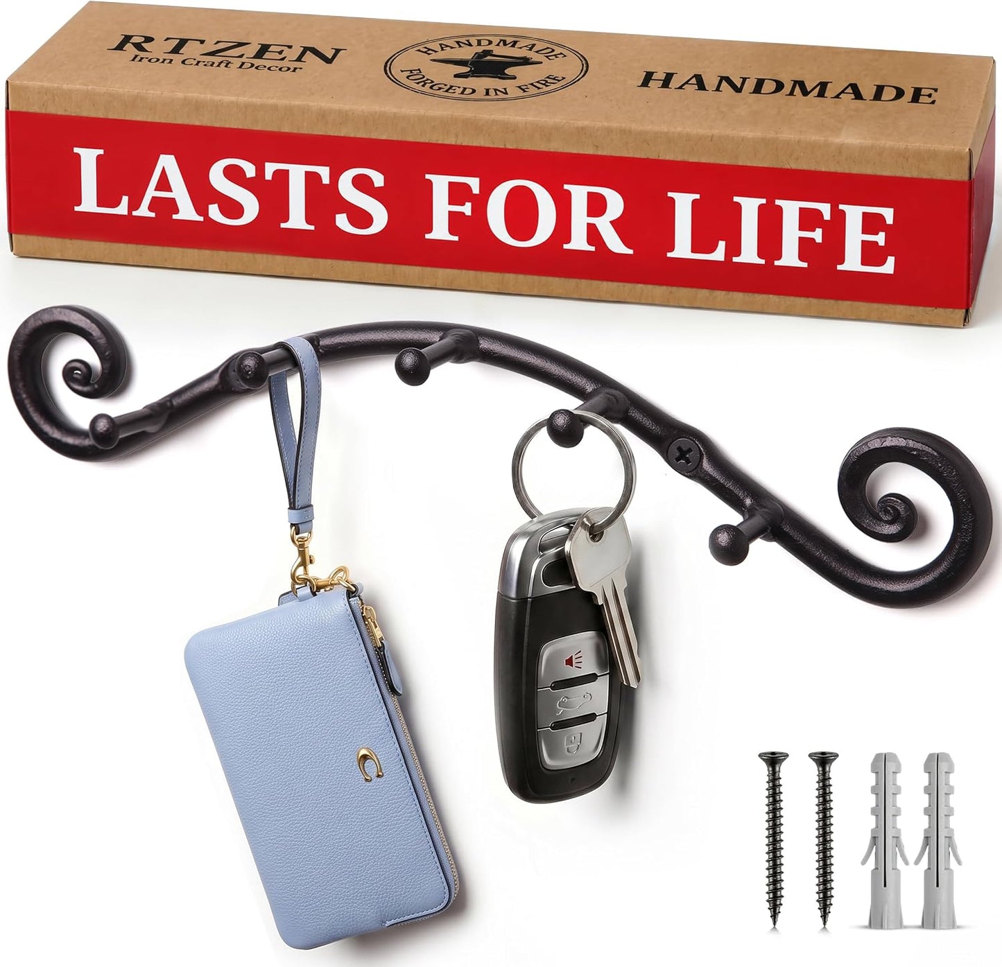 Farmhouse Small Key Holder for Wall, Wrought Iron Wall Mount Rack | Handcrafted Swirl Decorative, 5 Key Hooks for Home Entryway, Purse, Coat and Leash Holder or Organizer (Classic Black)