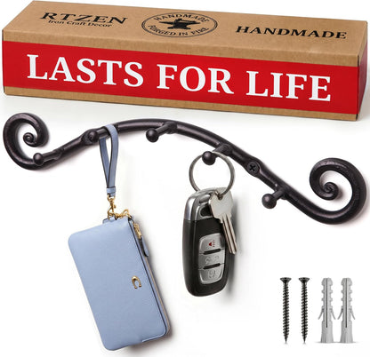 Farmhouse Small Key Holder for Wall, Wrought Iron Wall Mount Rack | Handcrafted Swirl Decorative, 5 Key Hooks for Home Entryway, Purse, Coat and Leash Holder or Organizer (Classic Black)