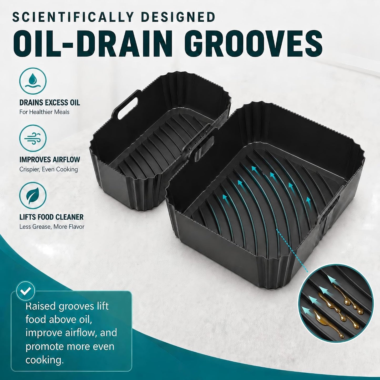Szyeequoo Silicone Air Fryer Liners 2 Pack for Ninja Dual Zone, 1 Perforated and 1 Solid, Rectangle Reusable Liners for DZ201 DZ401 DZ550 DZ302, COSORI 9QT Instant Chefman Dual Basket Air Fryers